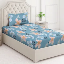 Arrabi Blue & Brown Floral 350 TC Single Bedsheet with 1 Pillow Covers-image-87