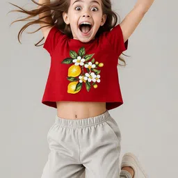 Baawri Girls Lemon Print Slim Fit Crop T-Shirt-image-12