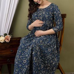 Tulsiram Women Floral Printed Pure Cotton Midi Maternity Dress-image-48