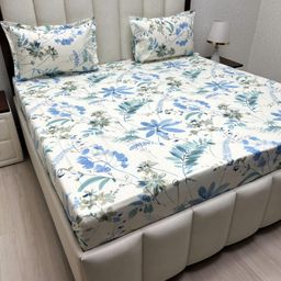 Pure Decor White & Blue Printed Pure Cotton 260 TC King Bedsheet Set2.74 m x 2.74 m-image-98