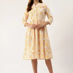 Rangun Women Floral Print Mandarin Collar Pleated Detail Fit and Flare Midi Dress-picture-29
