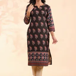 KALINI Floral Printed Notch Neck Sequinned Cotton Straight Kurta-image-71