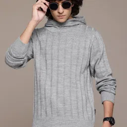 Men Striped Hooded Neck Grey Sweater-image-56