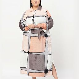 KLOTTHE Plus Size Peach-Coloured Geometric Printed Cuffed Sleeves Bath Robe With Belt-12