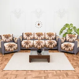 RUBOXA Cream-Coloured & Brown 16 Pieces Printed Cotton 5 Seater Sofa Covers With Arms-image-64