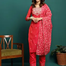 Sangria Pink Floral Embroidered Zari Chanderi Silk Straight Kurta With Trouser & Dupatta-54