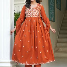 MF Hayat Floral Embroidered V-Neck Anarkali Pure Cotton Kurta With Trousers & Dupatta-picture-3