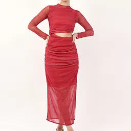 HIGH BUY Women Solid Choker Neck Net Bodycon Midi Dress-picture-17
