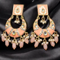 OOMPH Floral Meenakari Kundan & Pearl Drop Earrings-14