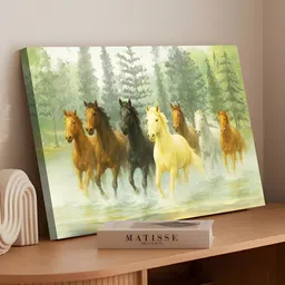 Art Street Green & Yellow Seven Running Horses in Forest Canvas Wall Art-41