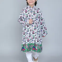 Little Clothings Boys Ethnic Printed Mandarin Collar Pure Cotton Kurta with Churidar-picture-18