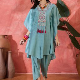 Sangria Women Ethnic Motifs V-Neck Mirror Work Kaftan With Dhoti Pant-15
