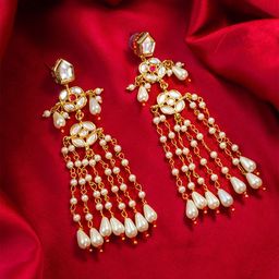 aadita Gold-Plated Kundan Studded And Pearls Beaded Tasselled Contemporary Drop Earrings-8