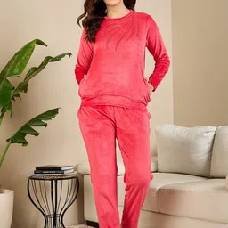 July Full Women Round Neck Velvet Top & Trousers Nightsuit-picture-20