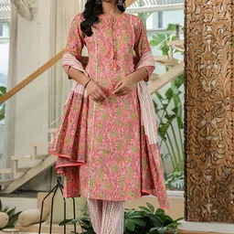 Yufta Women Floral Printed Regular Pure Cotton Kurta with Trousers & With Dupatta-30