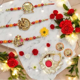 MEIRA JEWELLERY Set Of 3 Stone-Studded & Beaded Rakhi With Greeting Card Gift Set-7