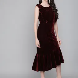 WATAY Women Self Design Drop-Waist Round Neck Midi Dress-picture-2