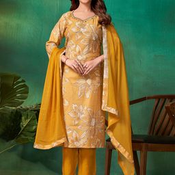 Sangria Floral Printed Pure Cotton Straight Kurta With Trouser And Dupatta-36