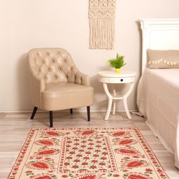 BLANC9 Beige & Red Floral Printed Cotton Carpet-30
