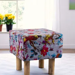 Ikiriya Grey & Pink Printed Wooden Square Ottomans-57