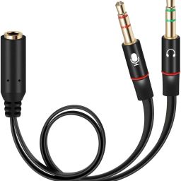 RHONNIUM Black Gold Plated 2 Male to 1 Female 3.5mm Headphone Earphone Mic Y Splitter Phone Converter-1