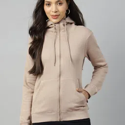 Hancock Women Beige Long Sleeves Hooded Neck Front-Open Sweatshirt-image-28