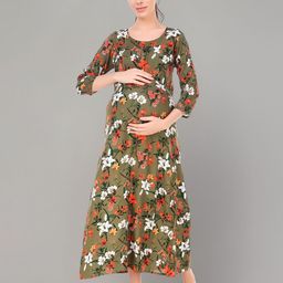 Zuvino Women Floral Print Round Neck Three-Quarter Sleeves Maternity A-Line Midi Dress-image-97