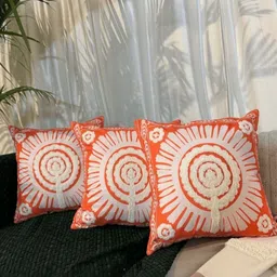 LUSHLYF Orange & White 3 Pieces Floral Pure Cotton Square Cushion Covers-picture-47