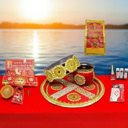 Vrinde Karwa Chauth 9 Pcs Red & Yellow Textured Metal Pooja Thali Set-picture-1