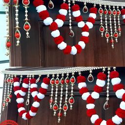 SATVIK CREATIONS Red & White Pom Pom Toran Festive Decor-image-89