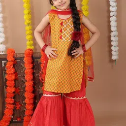 Sangria Girls Printed Kurta & Sharara With Dupatta-image-25