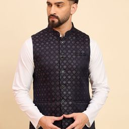 House of Pataudi Woven Design Mandarin Collar Nehru Jacket-image-95