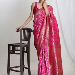 Janasya Ethnic Motifs Woven Design Zari Banarasi Saree-picture-43