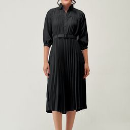 Femvy Puff Sleeve Accordion Pleats Fit & Flare Dress-picture-29