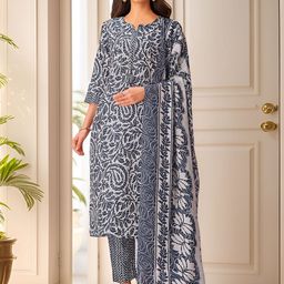 Banwaree Printed Notch Neck Sequinned Pure Cotton Straight Kurta With Trousers & Dupatta-picture-50