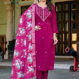 KALINI Women Ethnic Motifs Embroidered Regular Thread Work Raw Silk Kurta with Trousers & With Dupatta-image-87