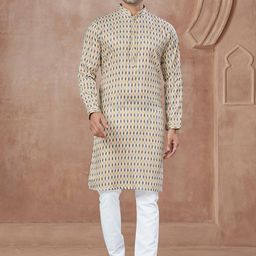 OUTLUK Abstract Printed Mandarin Collar Long Sleeves Pure Cotton Kurta With Trousers-6