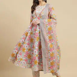KALINI Floral Printed Gotta Patti Pure Cotton Anarkali Kurta With Palazzo & Dupatta-image-96
