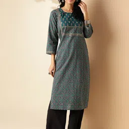 KALINI Floral Printed Keyhole Neck Three-Quarter Sleeves Pure Cotton Straight Kurta-image-77