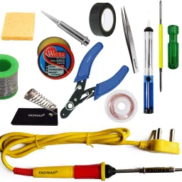 13 IN 1 Soldering Iron Kit (Set of 13) | Solder Wire | Soldering Paste Flux | Desoldering Pump | Wire Cutter | Soldering Bit | Sponge | 2IN1 Screw Driver | Tester | Tweezer | Hardware Tape | Stand | Desoldering Wick | Yellow+Full Red Soldering Iron 25 W Simple-27