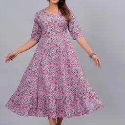 Sanganeri Kurti Printed Round Neck Fit and Flare Midi Dress-image-47