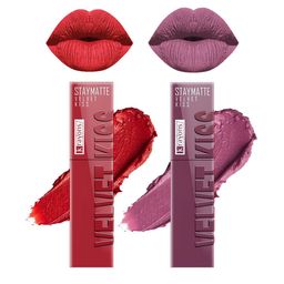 krayons Set Of 2 Velvet Kiss Liquid Lipstick - 3.5 ml Each - Orchid Love 06-Scarlet Red 01-10