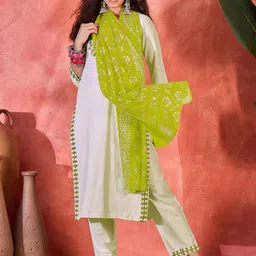 Sangria Floral Yoke Design Thread Work Cotton Straight Kurta With Trouser & Dupatta-picture-29