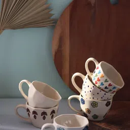 WEAVING HOMES White & Blue 6 Pieces Printed Ceramic Glossy Mugs 220ml-picture-6