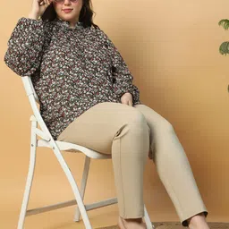 Oxolloxo Plus Size Print Round Neck With Tie-Up String Long Sleeve Smocking Detail Top-image-10
