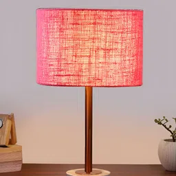 Aura Pink & Copper Toned Traditional Cylindrical Shaped Jute Shade Wooden Table Lamp-0