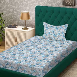 KLOTTHE Blue & White Floral Printed 300 TC Single Bedsheet Set 2.25m x 1.50m-image-99