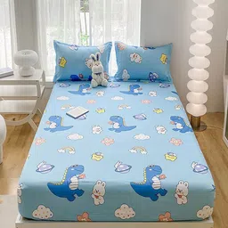 JC HOME Blue & Pink Abstract Printed 140 TC Fitted Single Size Bedsheet Set-image-89