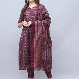 Roly Poly Ethnic Motifs Printed Mirror Work A-Line Kurta With Trousers & Dupatta image 1