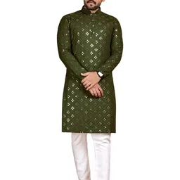kingenterprise Men Self Design Straight Kurta (Green)-picture-8